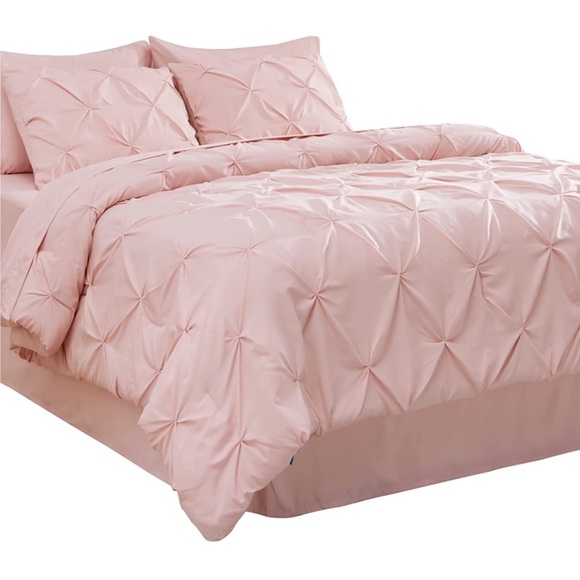 Pink King Size Comforter Set - 8 Pieces Pintuck Pink Bedding Sets, Pinch Pleat